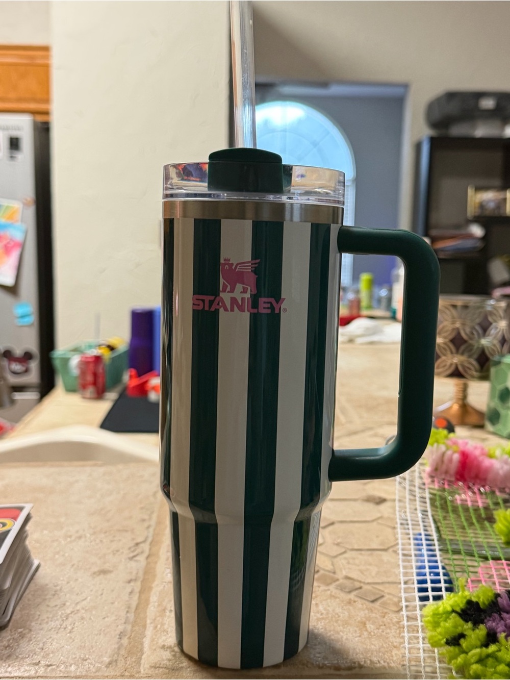 Stanley Green and White Striped Travel Mug with Handle